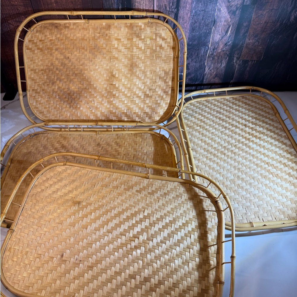 Vintage Set if 4 Woven Bamboo Trays